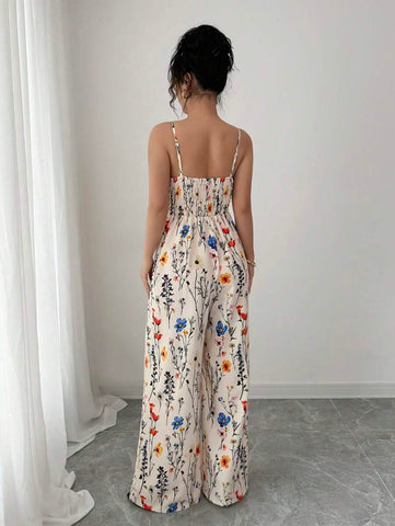 Elenzga Women's Elegant Flower Print Sleeveless Wide Leg Jumpsuit With Plunge Neckline, Spring/Summer