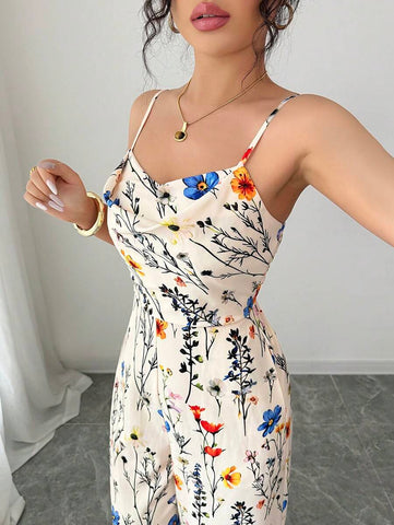 Elenzga Women's Elegant Flower Print Sleeveless Wide Leg Jumpsuit With Plunge Neckline, Spring/Summer