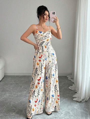 Elenzga Women's Elegant Flower Print Sleeveless Wide Leg Jumpsuit With Plunge Neckline, Spring/Summer