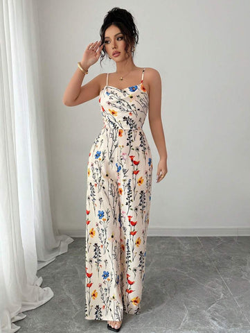 Elenzga Women's Elegant Flower Print Sleeveless Wide Leg Jumpsuit With Plunge Neckline, Spring/Summer