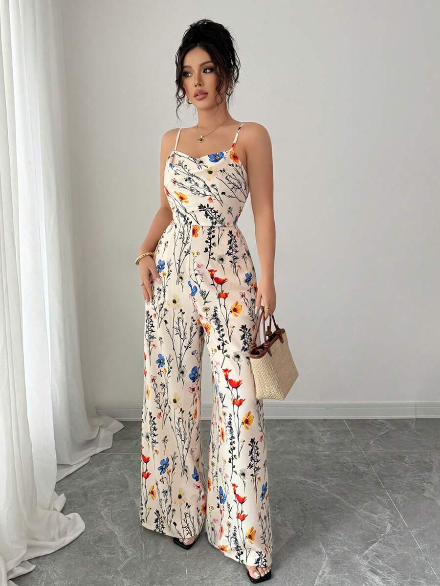 Elenzga Women's Elegant Flower Print Sleeveless Wide Leg Jumpsuit With Plunge Neckline, Spring/Summer
