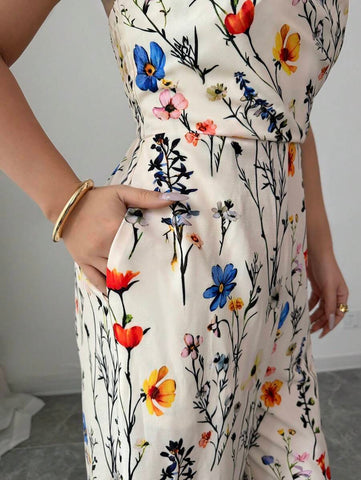 Elenzga Women's Elegant Flower Print Sleeveless Wide Leg Jumpsuit With Plunge Neckline, Spring/Summer