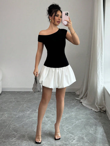 Elenzga Women's Elegant Ladylike Contrast Color Asymmetrical Collar Fitted Mini Skirt, Suitable For Dates In Spring