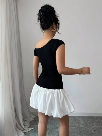 Elenzga Women's Elegant Ladylike Contrast Color Asymmetrical Collar Fitted Mini Skirt, Suitable For Dates In Spring