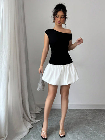 Elenzga Women's Elegant Ladylike Contrast Color Asymmetrical Collar Fitted Mini Skirt, Suitable For Dates In Spring