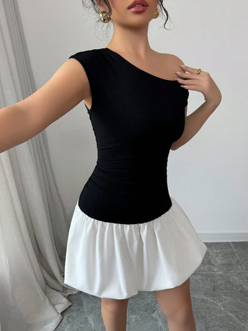 Elenzga Women's Elegant Ladylike Contrast Color Asymmetrical Collar Fitted Mini Skirt, Suitable For Dates In Spring