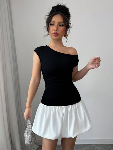 Elenzga Women's Elegant Ladylike Contrast Color Asymmetrical Collar Fitted Mini Skirt, Suitable For Dates In Spring