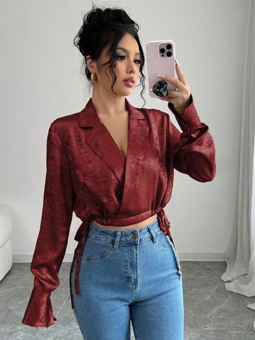 Women's Elegant Party Christmas Metallic Plain Fabric Collared Side Tie Waist Cropped Long Sleeve Blouse, Spring/Autumn