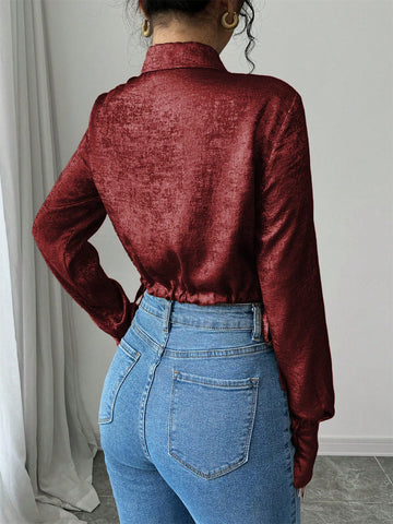 Women's Elegant Party Christmas Metallic Plain Fabric Collared Side Tie Waist Cropped Long Sleeve Blouse, Spring/Autumn