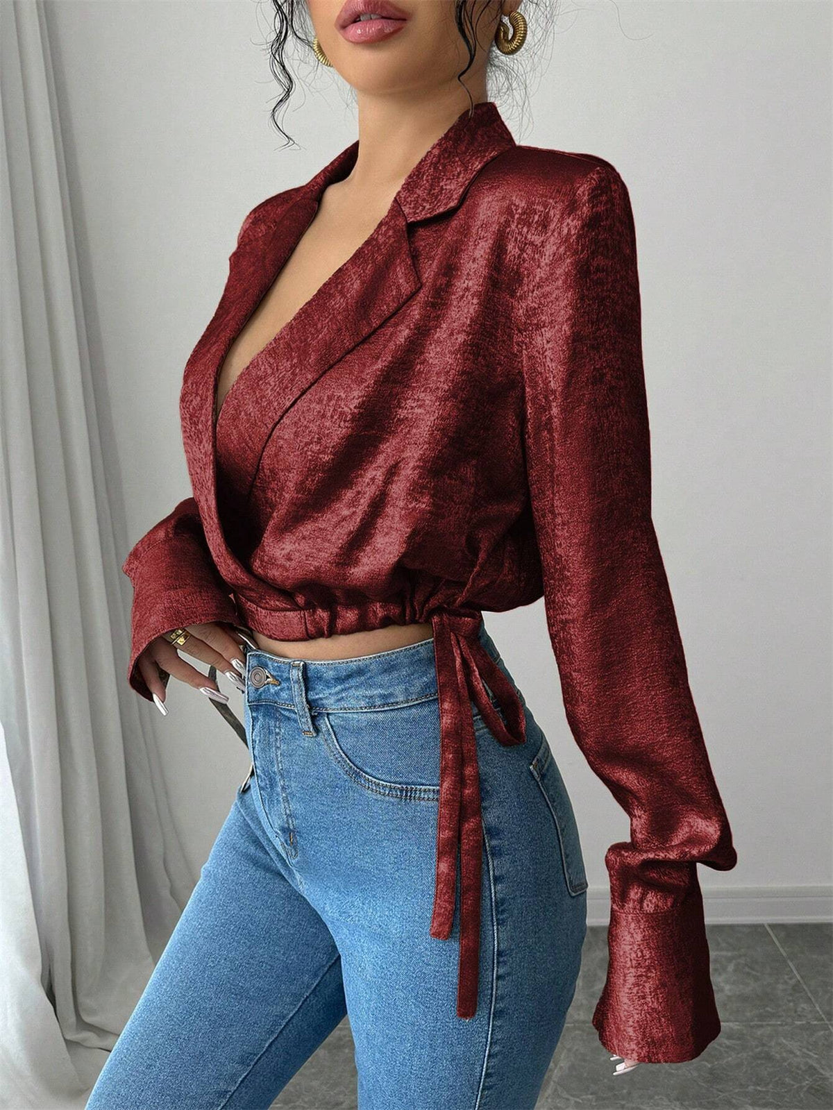 Women's Elegant Party Christmas Metallic Plain Fabric Collared Side Tie Waist Cropped Long Sleeve Blouse, Spring/Autumn