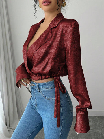 Women's Elegant Party Christmas Metallic Plain Fabric Collared Side Tie Waist Cropped Long Sleeve Blouse, Spring/Autumn