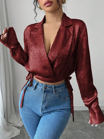 Women's Elegant Party Christmas Metallic Plain Fabric Collared Side Tie Waist Cropped Long Sleeve Blouse, Spring/Autumn