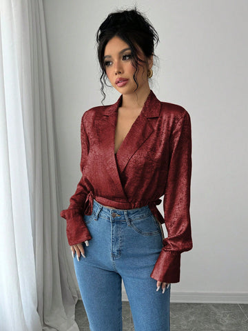 Women's Elegant Party Christmas Metallic Plain Fabric Collared Side Tie Waist Cropped Long Sleeve Blouse, Spring/Autumn