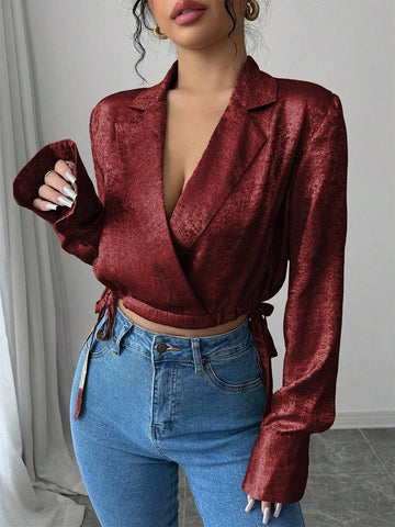 Women's Elegant Party Christmas Metallic Plain Fabric Collared Side Tie Waist Cropped Long Sleeve Blouse, Spring/Autumn