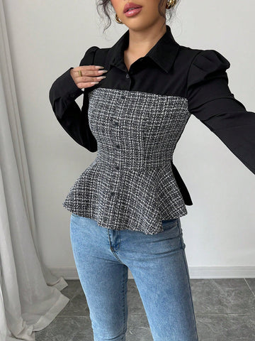 Elenzga Women's Elegant Plaid Patchwork Long Sleeve Ruffle Blouse, Suitable For Business/Commuting, Spring/Autumn