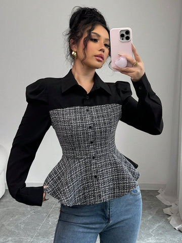 Elenzga Women's Elegant Plaid Patchwork Long Sleeve Ruffle Blouse, Suitable For Business/Commuting, Spring/Autumn