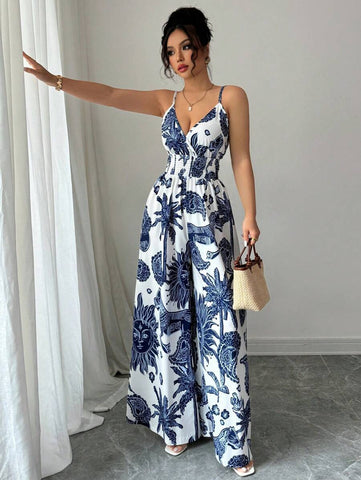 Elenzga Women's Elegant Spaghetti Strap Jumpsuit With Shirred Waist Design