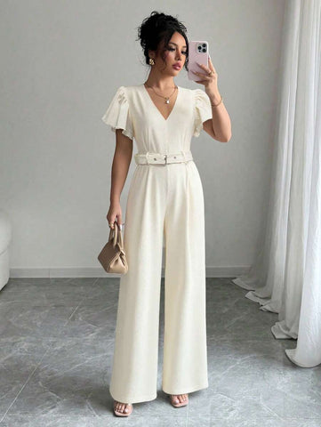 Elenzga Women's Elegant V-Neck Flutter Sleeves Jumpsuit, Summer