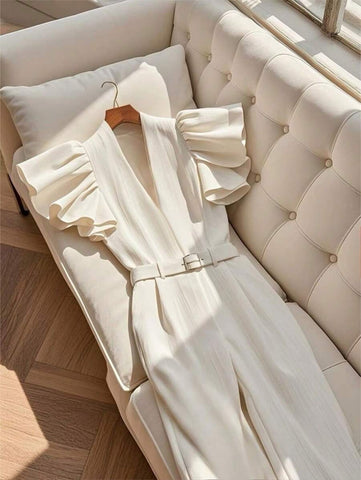 Elenzga Women's Elegant V-Neck Flutter Sleeves Jumpsuit, Summer