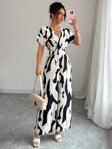 Elenzga Women's Elegant Zebra Floral V-Neck Raglan Sleeve Waist Jumpsuit