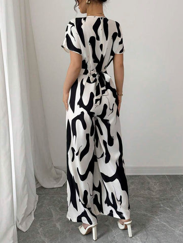Elenzga Women's Elegant Zebra Floral V-Neck Raglan Sleeve Waist Jumpsuit