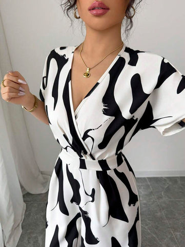Elenzga Women's Elegant Zebra Floral V-Neck Raglan Sleeve Waist Jumpsuit