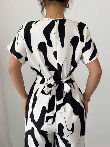 Elenzga Women's Elegant Zebra Floral V-Neck Raglan Sleeve Waist Jumpsuit