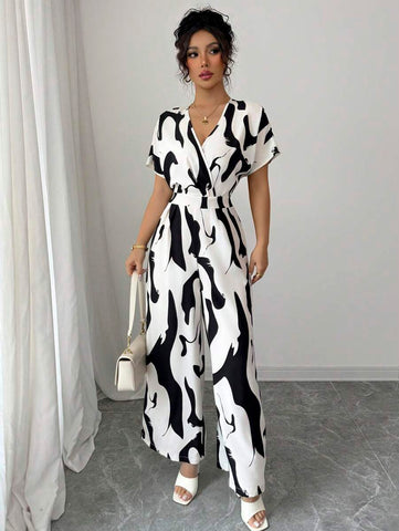 Elenzga Women's Elegant Zebra Floral V-Neck Raglan Sleeve Waist Jumpsuit