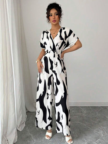 Elenzga Women's Elegant Zebra Floral V-Neck Raglan Sleeve Waist Jumpsuit