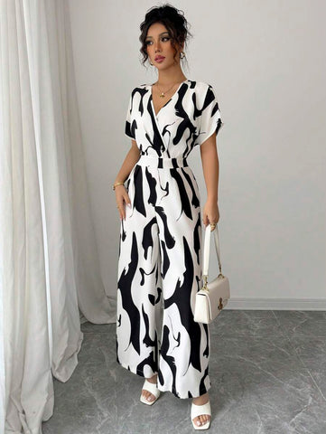 Elenzga Women's Elegant Zebra Floral V-Neck Raglan Sleeve Waist Jumpsuit