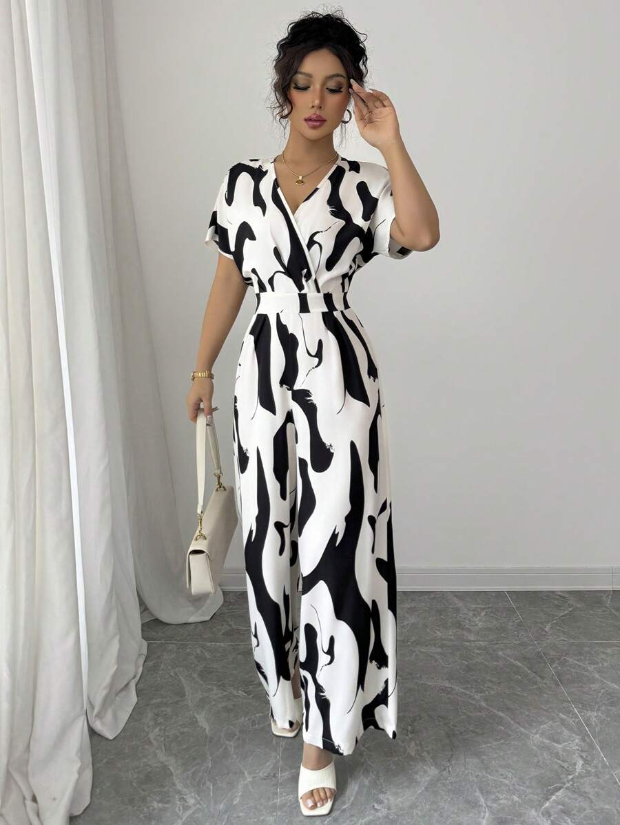 Elenzga Women's Elegant Zebra Floral V-Neck Raglan Sleeve Waist Jumpsuit