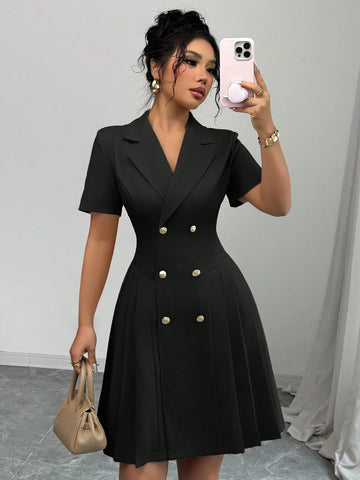 Elenzga Women's French Style Commuting Elegant V-Neck Double-Breasted Waist Pleated A-Line Mini Dress With Short Sleeves, Suitable For Spring/Summer