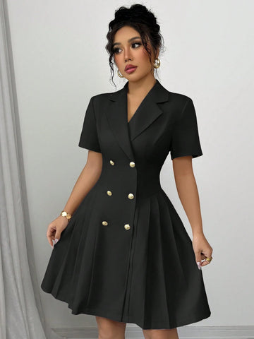 Elenzga Women's French Style Commuting Elegant V-Neck Double-Breasted Waist Pleated A-Line Mini Dress With Short Sleeves, Suitable For Spring/Summer
