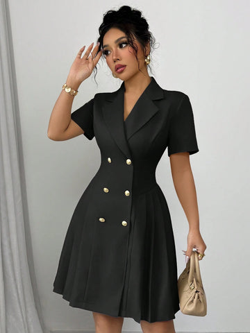 Elenzga Women's French Style Commuting Elegant V-Neck Double-Breasted Waist Pleated A-Line Mini Dress With Short Sleeves, Suitable For Spring/Summer