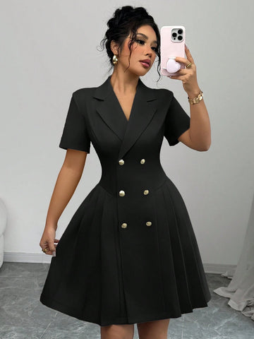 Elenzga Women's French Style Commuting Elegant V-Neck Double-Breasted Waist Pleated A-Line Mini Dress With Short Sleeves, Suitable For Spring/Summer