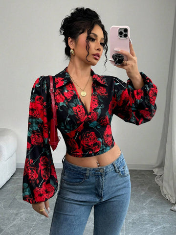 Women's New Year Party Floral Print V-Neck Puff Sleeve Gathered Waist Blouse