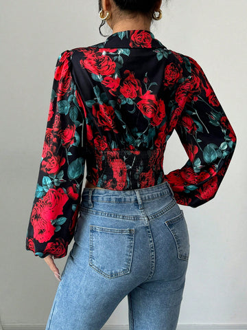 Women's New Year Party Floral Print V-Neck Puff Sleeve Gathered Waist Blouse
