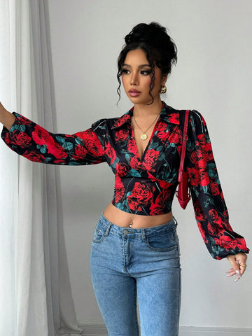 Women's New Year Party Floral Print V-Neck Puff Sleeve Gathered Waist Blouse