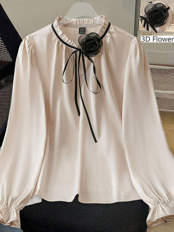 Elenzga Women's Plain Apricot 3D Floral Shirt, Minimalist Fashionable Casual Everyday Wear