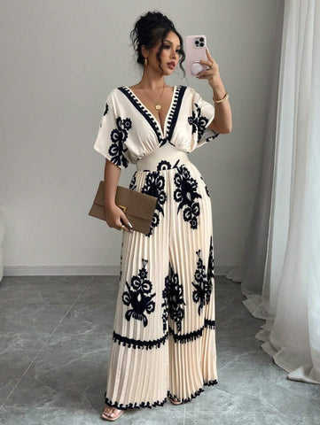 Elenzga Women's Print Batwing Sleeve Deep V Neck Ruched Jumpsuits For Vacation