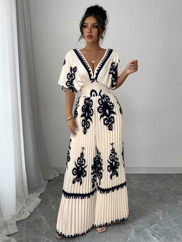 Elenzga Women's Print Batwing Sleeve Deep V Neck Ruched Jumpsuits For Vacation