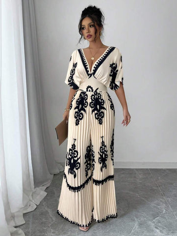 Elenzga Women's Print Batwing Sleeve Deep V Neck Ruched Jumpsuits For Vacation