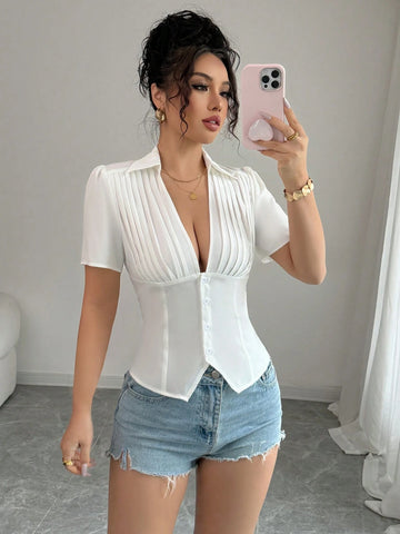 Women's Solid Color Pleated Collar Short Sleeve Single Breasted Casual Blouse