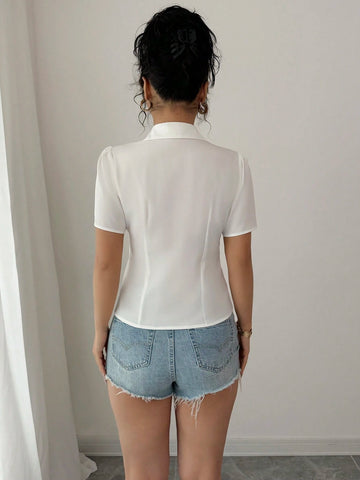 Women's Solid Color Pleated Collar Short Sleeve Single Breasted Casual Blouse