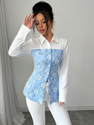 Elenzga Women's Spring & Summer Elegant Urban Chic Turndown Collar Open Front Long Sleeve Blue & White Patchwork 3D Floral Jacquard Fabric A-Line Romantic Jacquard Slim Fit Carnival Shirt Blouse