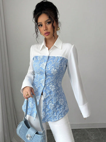 Elenzga Women's Spring & Summer Elegant Urban Chic Turndown Collar Open Front Long Sleeve Blue & White Patchwork 3D Floral Jacquard Fabric A-Line Romantic Jacquard Slim Fit Carnival Shirt Blouse