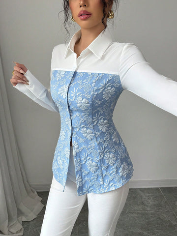 Elenzga Women's Spring & Summer Elegant Urban Chic Turndown Collar Open Front Long Sleeve Blue & White Patchwork 3D Floral Jacquard Fabric A-Line Romantic Jacquard Slim Fit Carnival Shirt Blouse