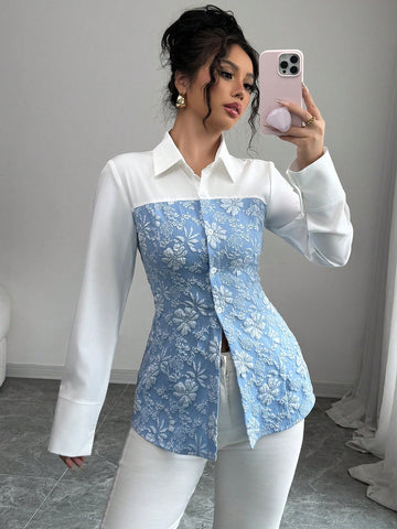 Elenzga Women's Spring & Summer Elegant Urban Chic Turndown Collar Open Front Long Sleeve Blue & White Patchwork 3D Floral Jacquard Fabric A-Line Romantic Jacquard Slim Fit Carnival Shirt Blouse