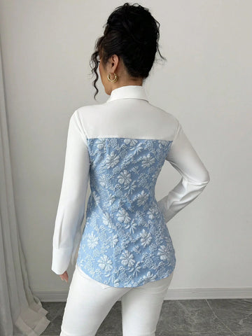 Elenzga Women's Spring & Summer Elegant Urban Chic Turndown Collar Open Front Long Sleeve Blue & White Patchwork 3D Floral Jacquard Fabric A-Line Romantic Jacquard Slim Fit Carnival Shirt Blouse