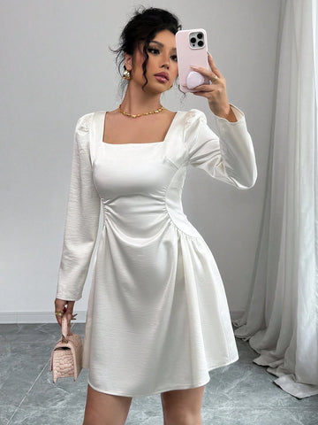 Elenzga Women's Square Neck Waist Ruched Hem A-Line Sexy Elegant Puff Sleeve Long Sleeve Holiday Party Valentine's Day Satin Glossy Mini Dress
